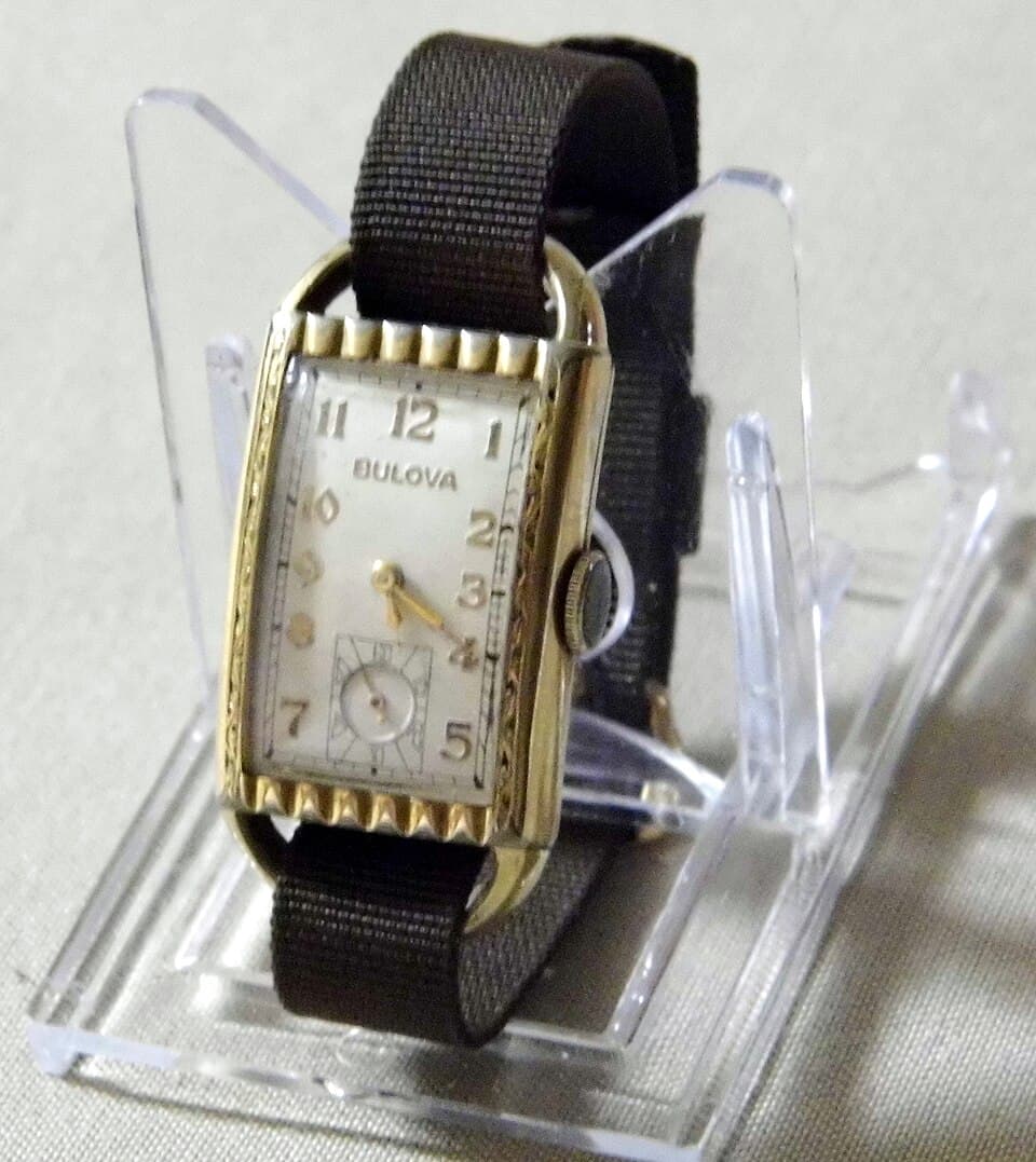 Bulova Art Deco Tank, engraved bezel, 10K gold-filled (manual-wind) 