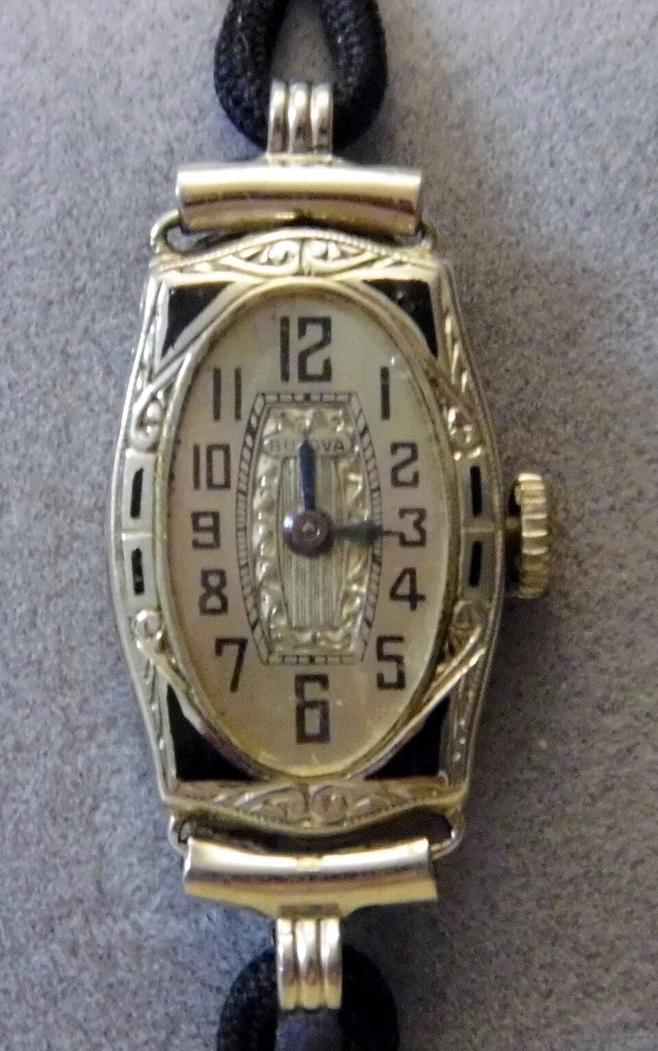 Bulova Ladies' Art Deco Oval w/ black enamel (manual-wind) 