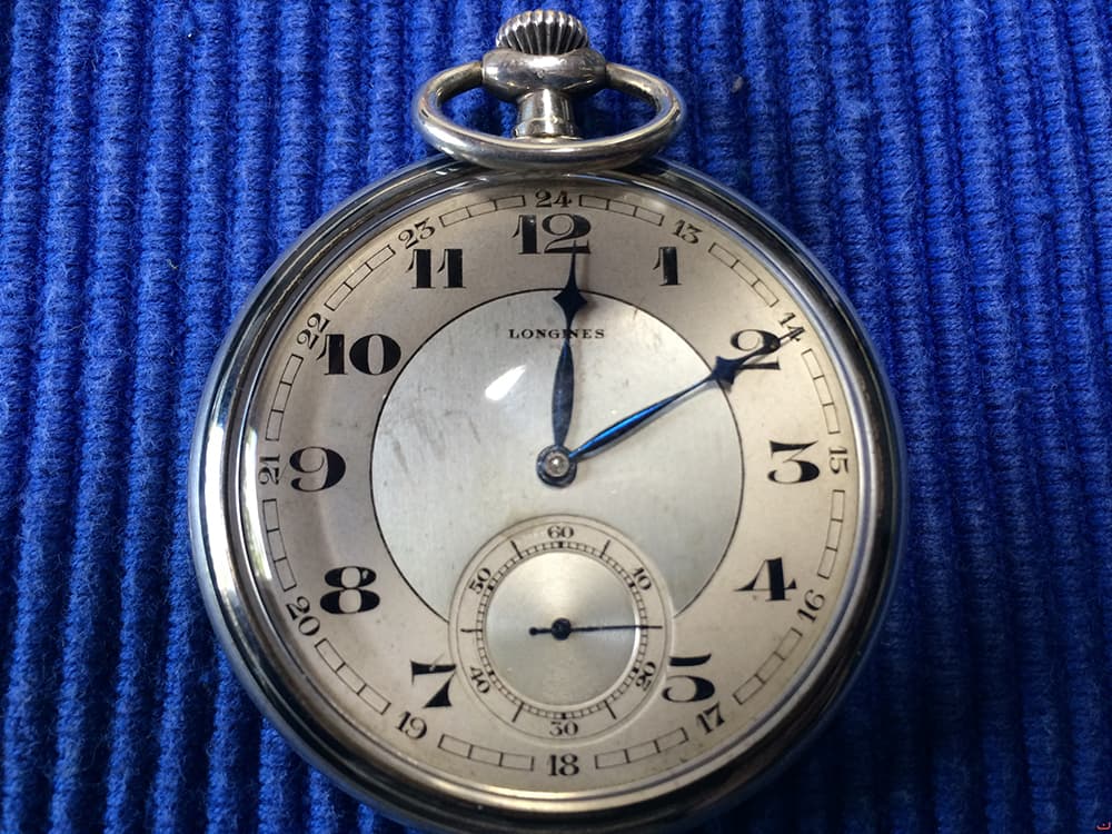 Longines Silver open-face pocket watch (two-tone dial, 24h track) 