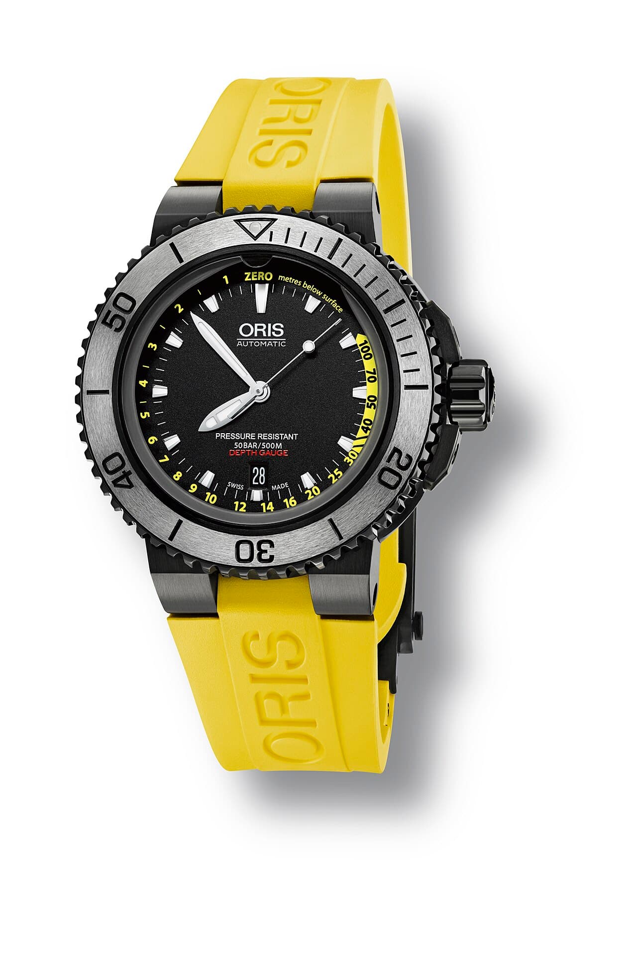 Oris Aquis Depth Gauge (black DLC case, yellow strap variant)