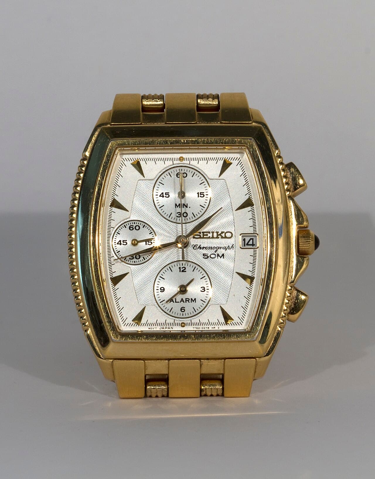 Seiko Chronograph Alarm 50M (7T92, gold-tone tonneau)